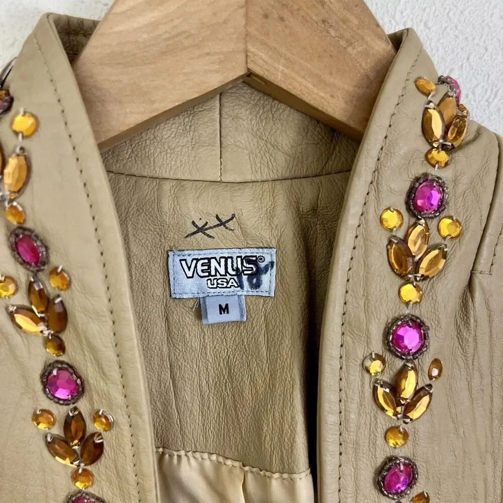 Venus Vintage Y2K Leather Jacket Womens M Beige Sequin Beaded Collarless Zip